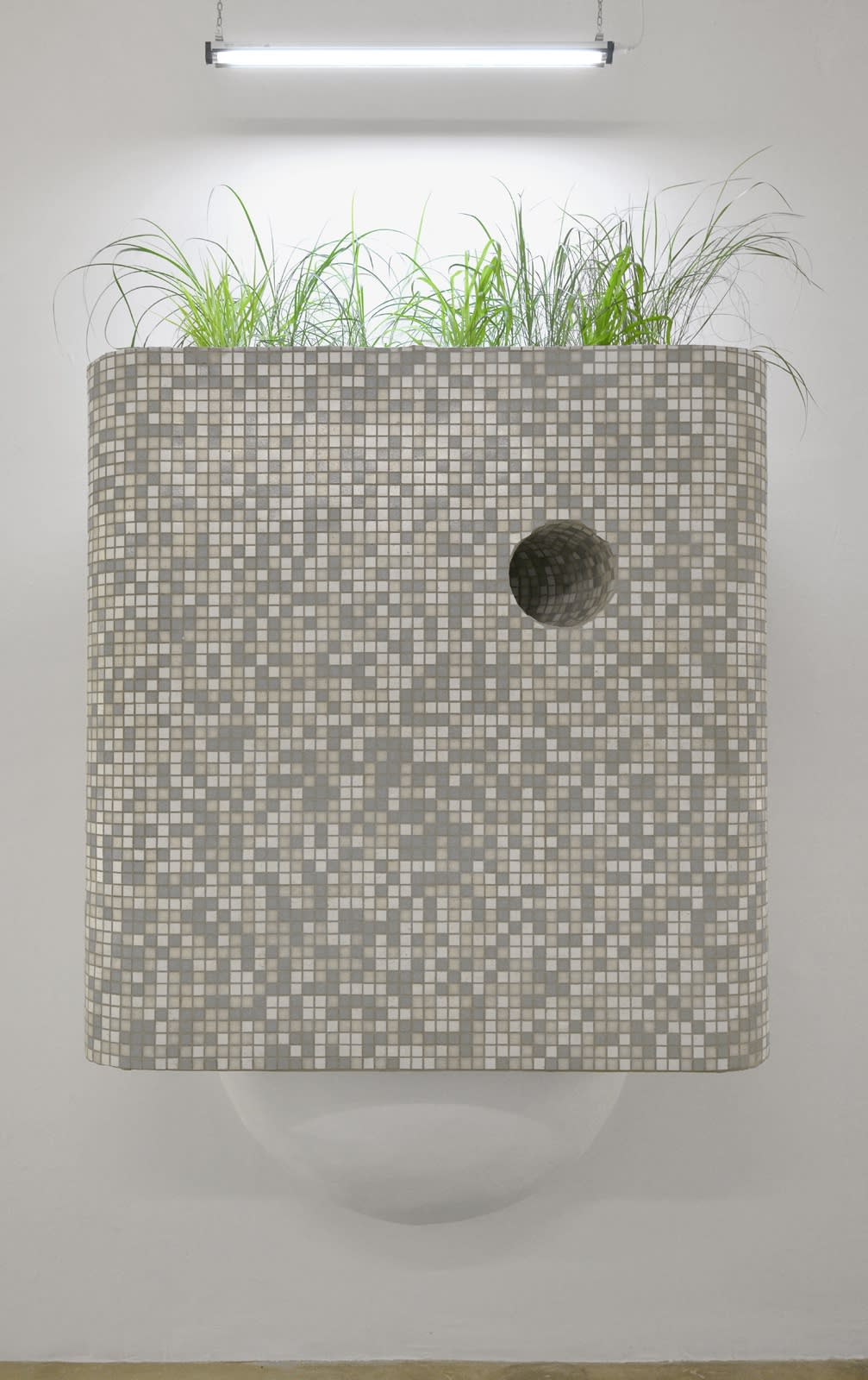 Rachael Champion, Mountain Flattening Initiative, 2014, Glass mosaic tiles, plaster, grasses, and soil, 264 x 132 x 61 cm, 104 x 52 x 24 1/8 in