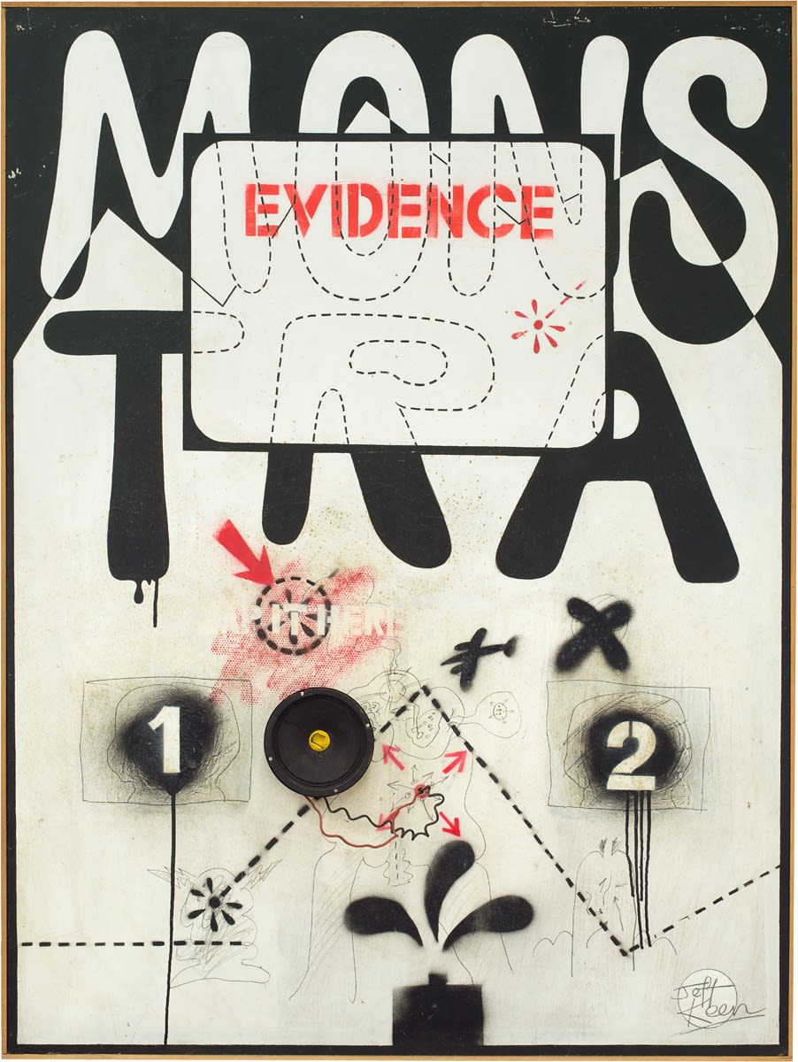 Jeff Keen, Monstra Evidence, 1967, Emulsion on hardboard with found additions, Framed: 93 x 124 cm, 36 5/8 x 48 7/8 in