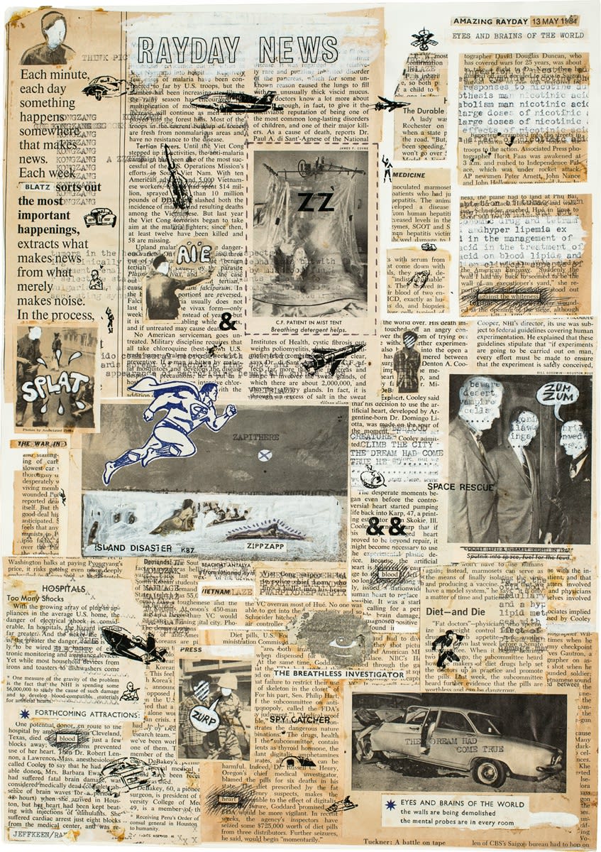 Jeff Keen, 'Rayday News', 1984, Paint and newspaper collage, 47 x 34.7 cm, 18 1/2 x 13 5/8 in, Framed: 48.5 x 36.3 cm, 19 1/8 x 14 1/4 in