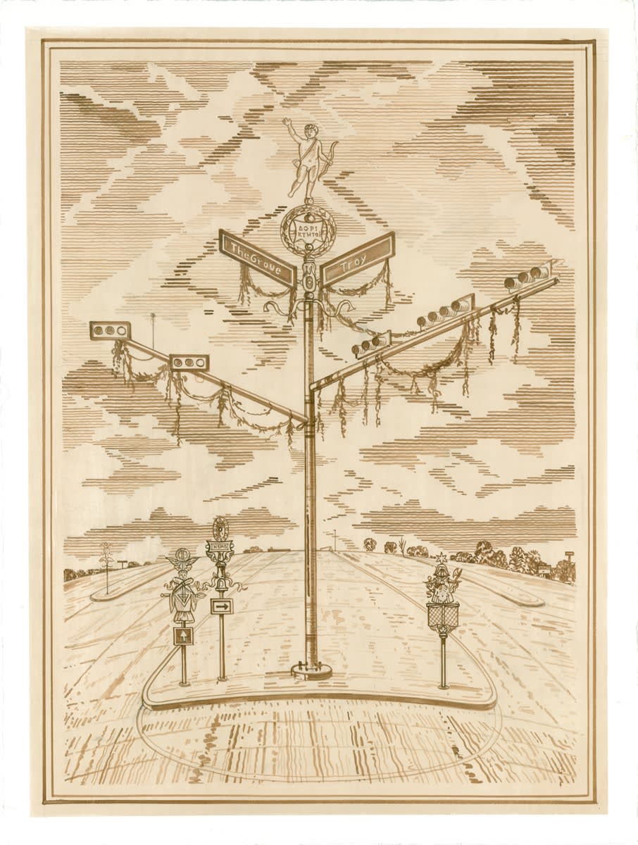 Adam Dant, Texas Drawing #16, Divine Ornaments, 2016, Ink on paper 76.2 x 55.9 cm, 30 x 22 in