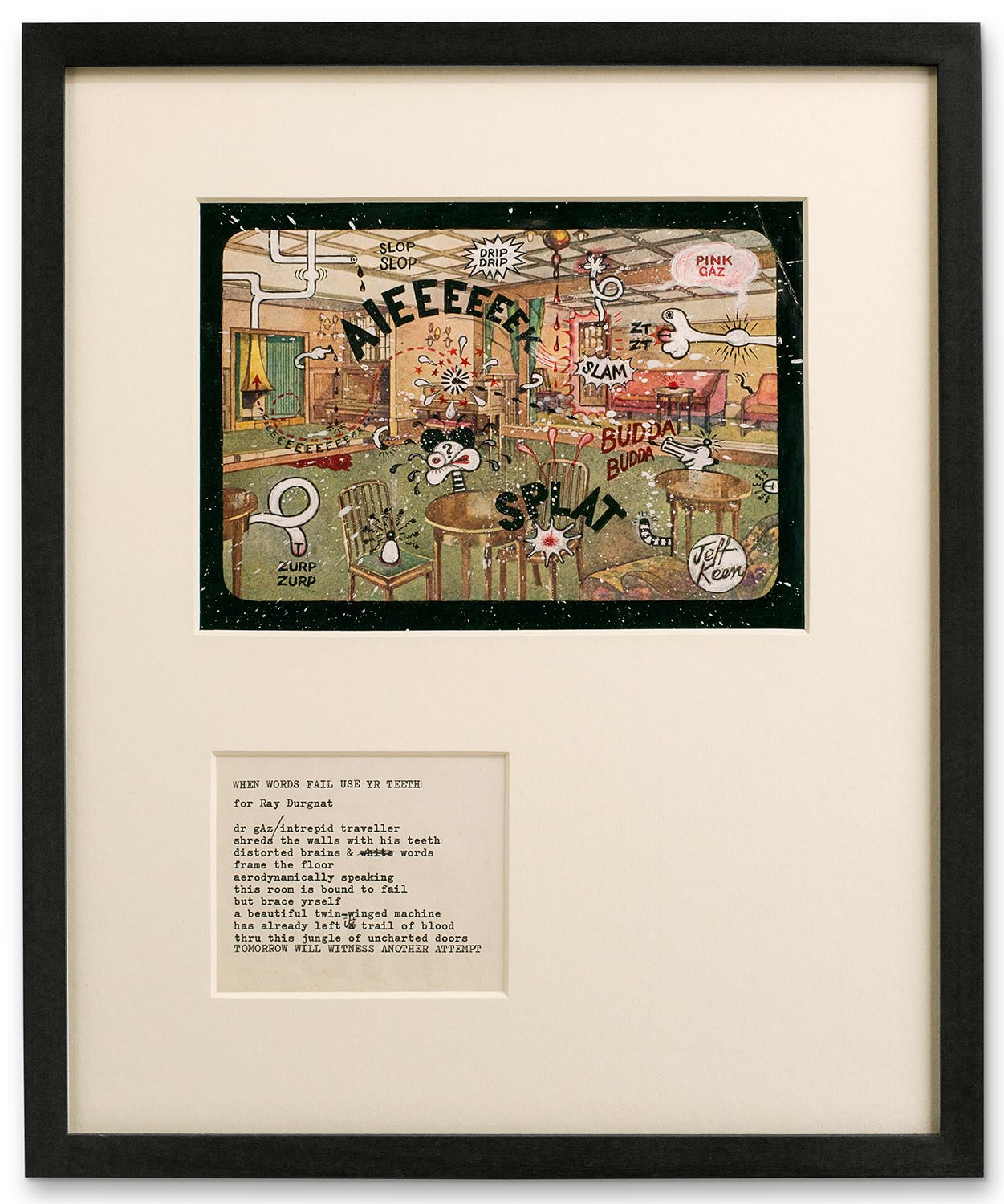 Jeff Keen, AIEEEEEEK!, 1968-1970, Pen, acrylic, and correction fluid collage with typewrite on paper, 29.7 x 21 cm, 11.69 x 8.27 in, Framed: 39.5 x 32.8 cm, 15 1/2 x 12 7/8 in