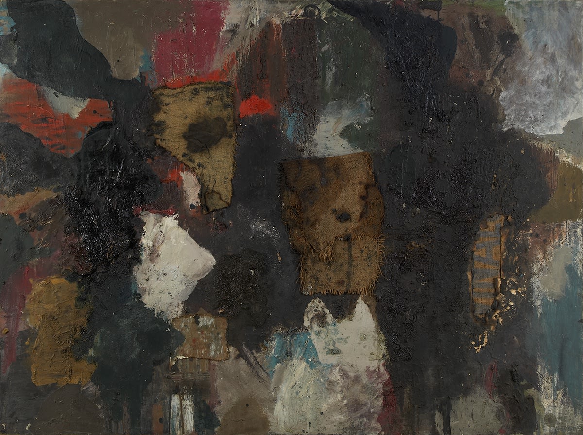 Stuart Brisley, Untitled, 1958-1959, oil on canvas and hessian collage, 103.3 x 138.8 cm, 40 5/8 x 54 5/8 in