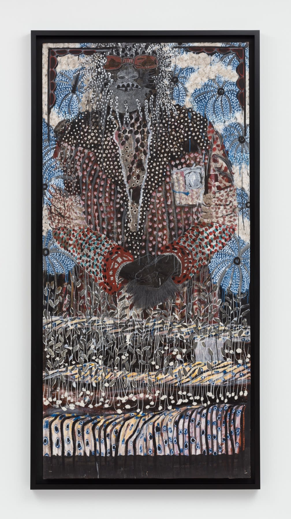 Omar Ba, Promesse 3, 2014, Gouache, ink, and pencil on corrugated carton, 210 x 100 cm, 82 5/8 x 39 3/8 in, Framed: 220.3 x 109.9 cm, 86 3/4 x 43 1/4 in