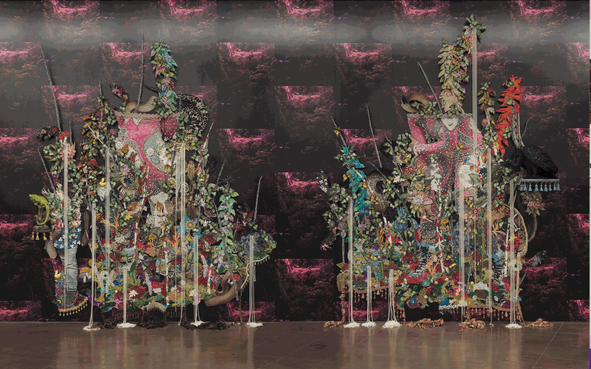 Ebony G. Patterson, ....in the swallowing...she carries the  whole...the hole, 2021-2022, Hand-cut jacquard woven photo tapestry with appliqué, fabric, plastic, beads, feathers, trim, glitter, and wood mounted on wallpaper in two (2) parts, 128 x 219 x 15