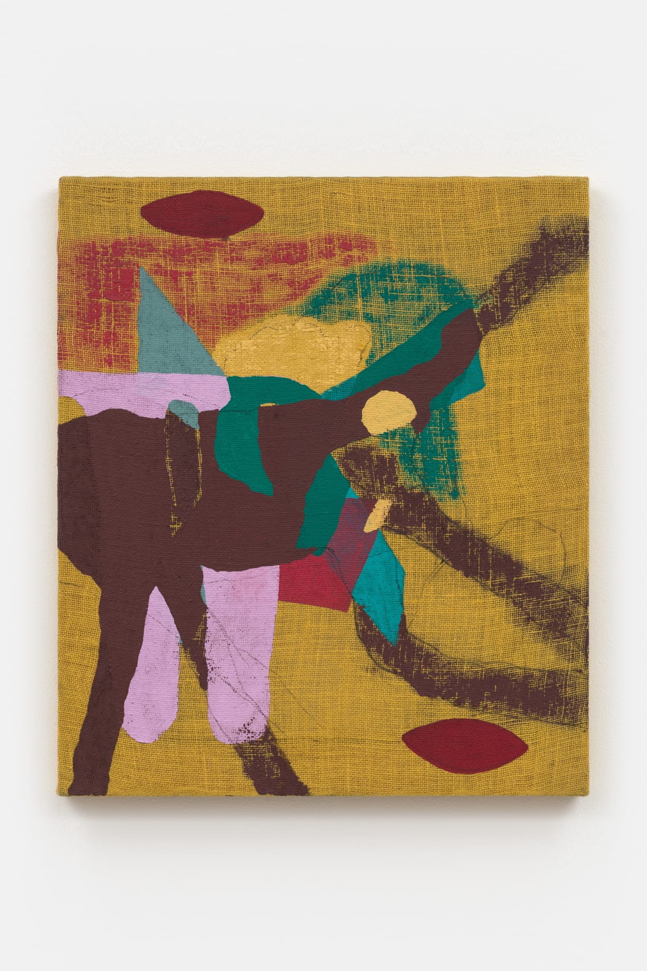 Painting vivid with geometric shapes such as ovals and triangles meshing into a larger abstracted figure. Some areas have multiple coats of paint while other areas have thinner coats, revealing the texture of the burlap.