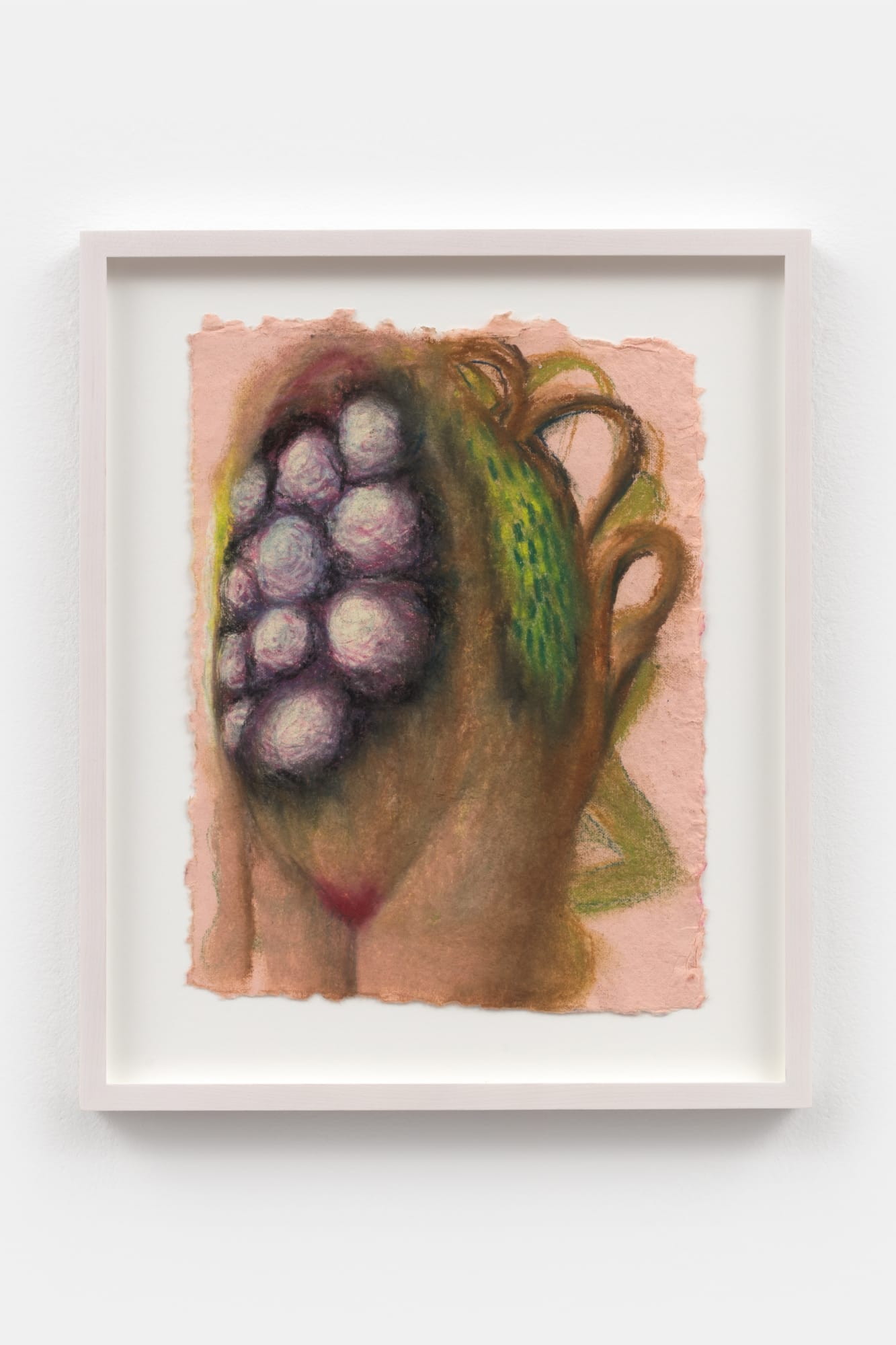 A framed work on paper with rugged paper edges containing an abstracted figure. Eleven spheres cover the front of the body.