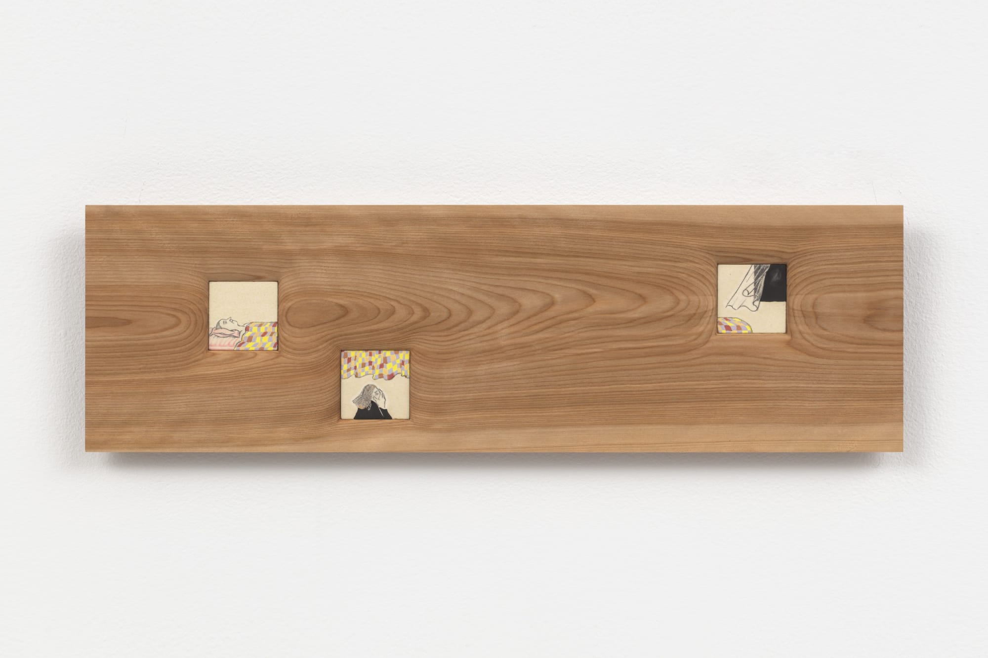 Three porcelain frames create small windows into a bedroom. The bedroom contains parts of a window, curtain, and a bed. Two figures are present. The square porcelain windows rest in a wooden frame which has been sanded to create a smooth surface with roun