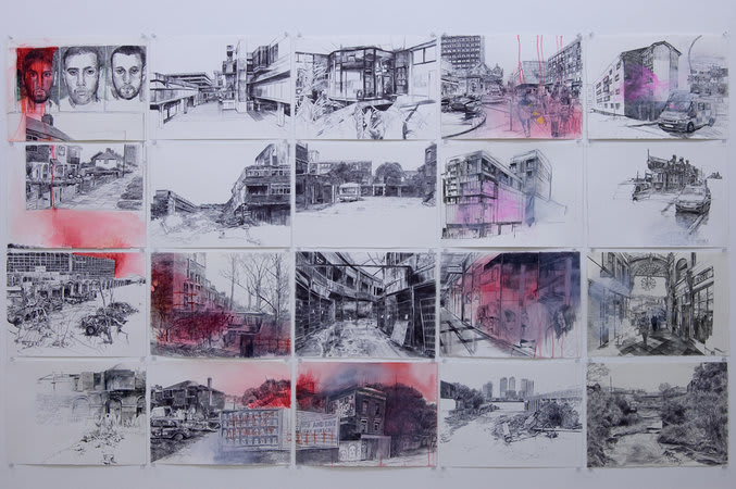 Laura Oldfield Ford, 1973 returning, 2008, ball-point pen, felt-tip pen and acrylic on watercolour paper 20 unframed drawings, 114 x 192.5 cm, 44.92 x 75.85 in, each: 28.5 x 38.5 cm