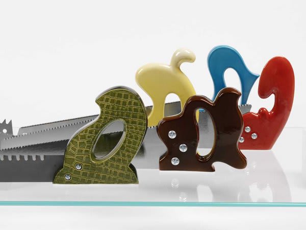 Detail of Richard Slee, Saws, 2009-2010, Galvanized earthenware with sandblasted steel blade and steel bolts, dimensions variable