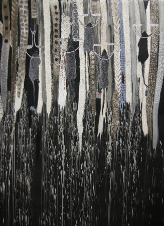 Omar Ba, Constat 2, 2013, Oil, gouache, ink and pencil on corrugated carton, 200.4 x 150.3 cm, 78 7/8 x 59 1/8 in, Framed: 209.8 x 159.6 x 4.6 cm, 82 5/8 x 62 7/8 x 1 3/4 in