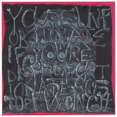 Trenton Doyle Hancock, You're Unfortunate if You're Disproportionate so Stop Forcing it, 2012, Acrylic and mixed media on canvas, 61 x 61 x 5.1 cm, 24 x 24 x 2 in