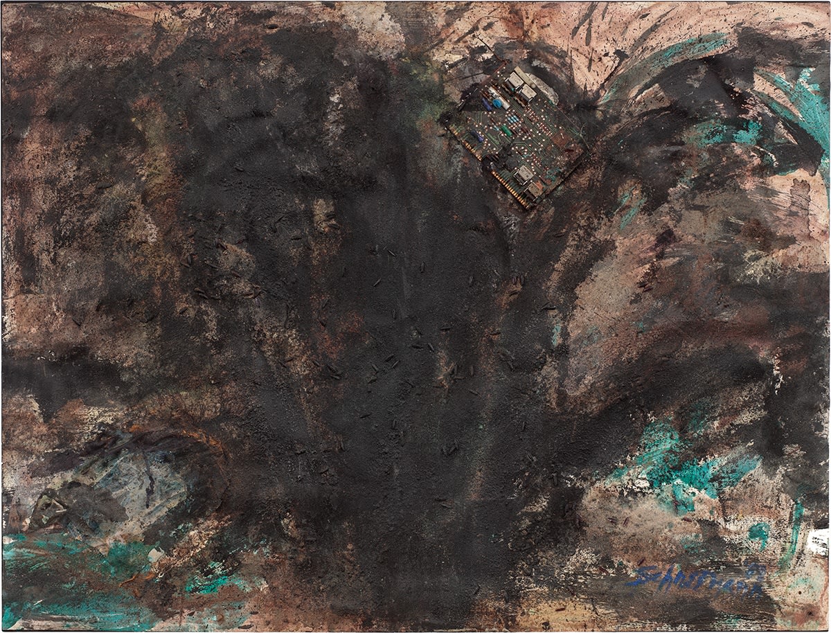Detail of Carolee Schneemann, Untitled (Black work I from Dust series), 1988, Ink, ashes, acrylic, string, vegetable-dye, and circuit-board on heavy rag paper, 96.5 x 127 cm, 38 x 50 in, Framed: 108.5 x 138.5 x 10.3 cm, 42 3/4 x 54 1/2 x 4 1/8 in