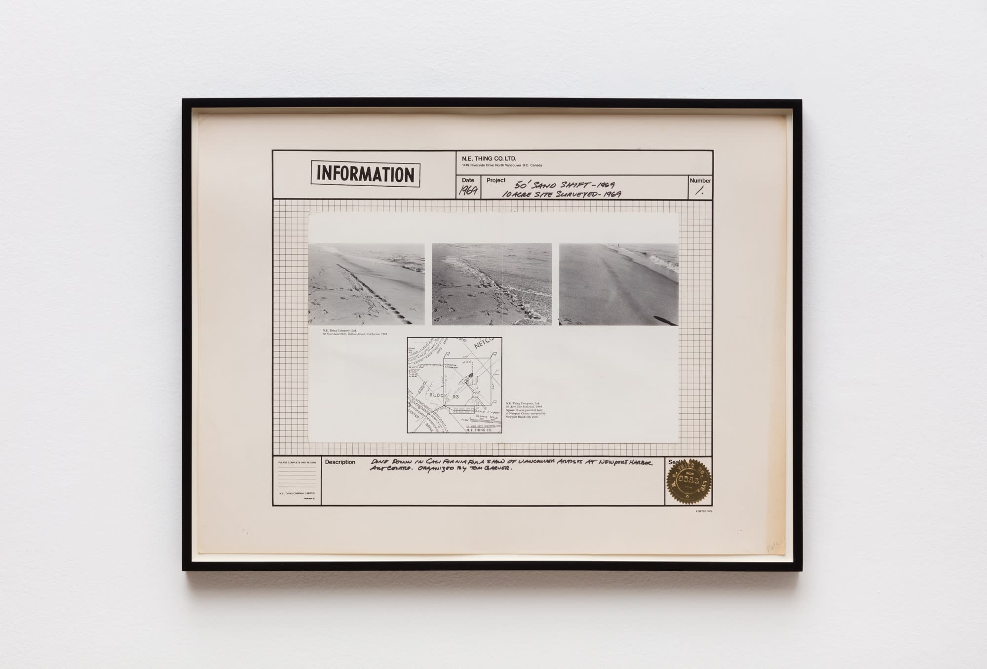IAIN BAXTER& / N.E.Thing Co., 50' Sand Shift - 1969, 10 Acre Site Surveyed - 1969, 1969, Silver gelatin print, ink, paper, foil seal, and offset lithograph on paper, 45 x 60.5 cm, 17 3/4 x 23 7/8 in, Framed: 49 x 64.3 x 3 cm, 19 1/4 x 25 1/4 x 1 1/8 in