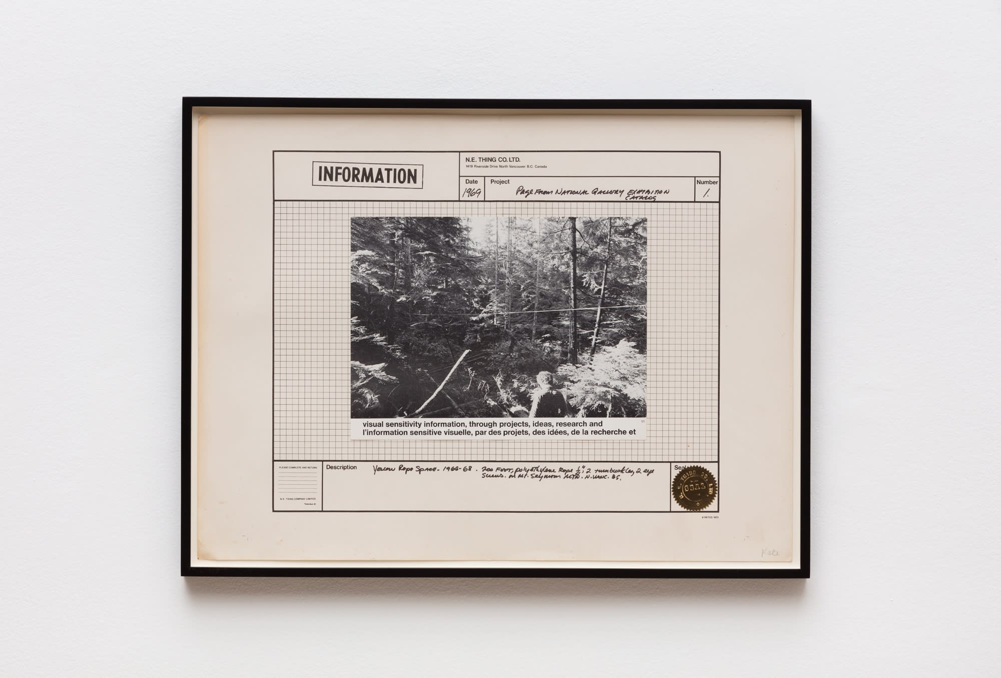 IAIN BAXTER& / N.E.Thing Co., Page from the National Gallery Exhibition Catalog, 1969, Silver gelatin print, ink, paper, foil seal, and offset lithograph on paper, 45 x 60.5 cm, 17 3/4 x 23 7/8 in, Framed: 49 x 64.3 x 3 cm, 19 1/4 x 25 1/4 x 1 1/8 in