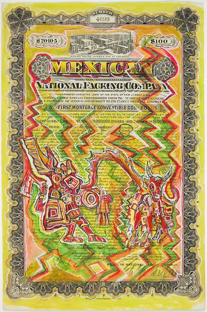 Hew Locke, Mexican National Packing Company, 2009, Acrylic and felt pen on antique paper share certificate, 36.4 x 23.9 cm, 14 3/8 x 9 3/8 in, Framed: 43.2 x 31 cm, 17 1/8 x 12 1/4 in