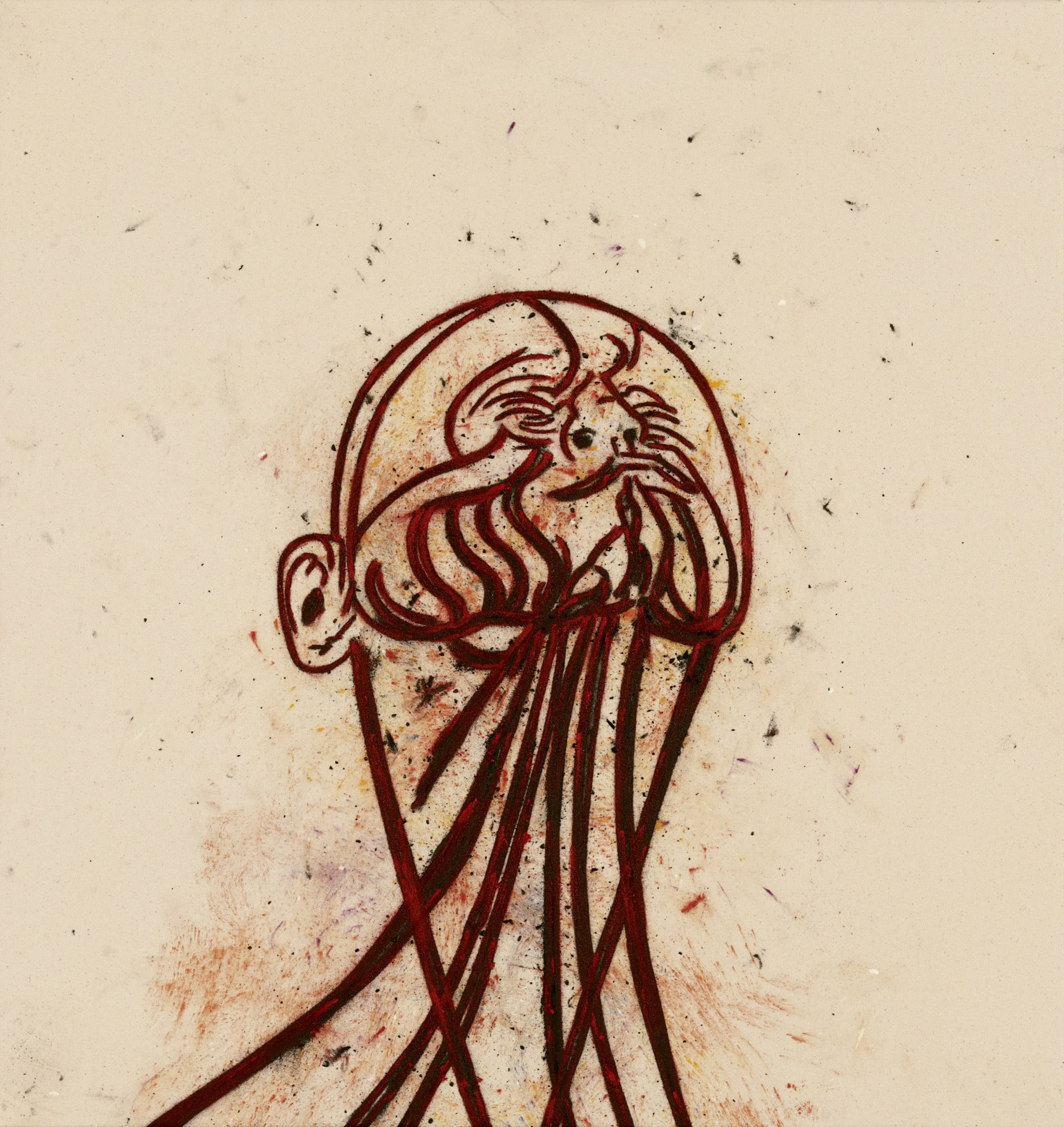 TONY BEVAN Self Portrait after Messerschmidt (PC108), 2010 Signed twice and inscribed twice 'Bevan PC108' on the reverse Acrylic and charcoal on canvas 93.7 x 88.9 cm; (36 7/8 x 35 in.)