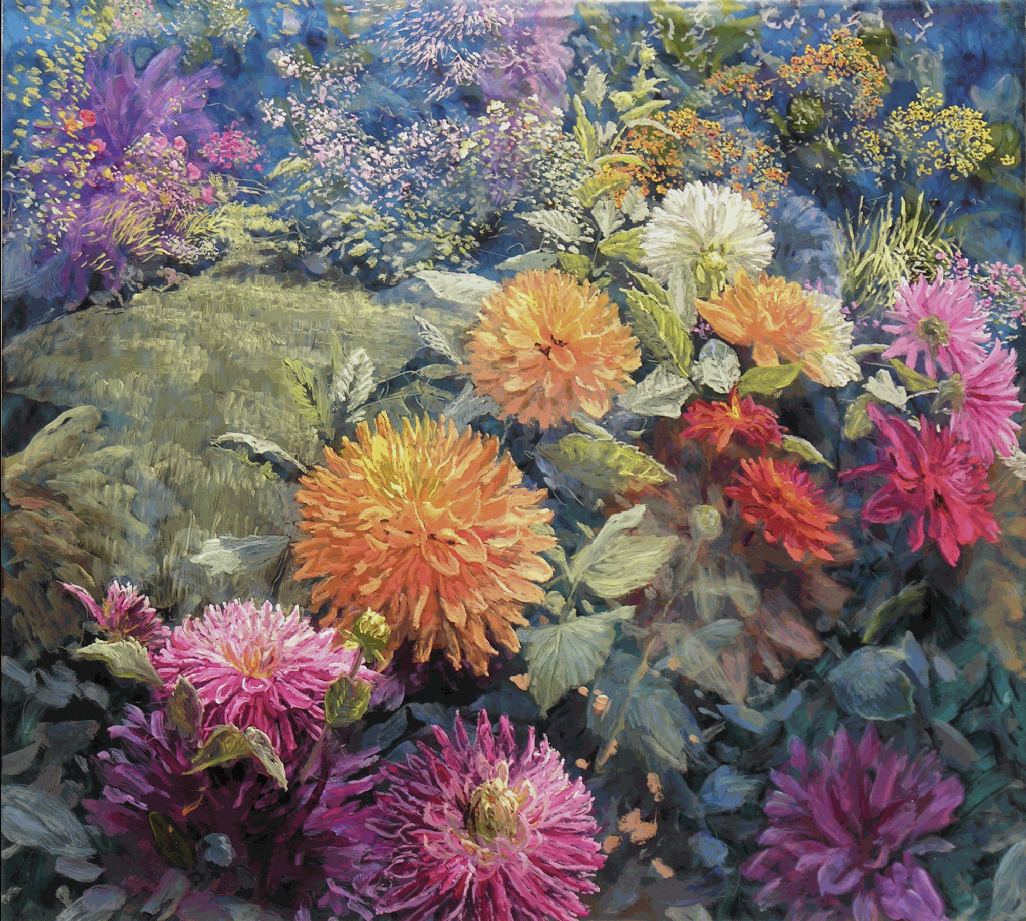 Martin Weinstein, Dahlia Bed, Afternoon and Evening, acrylics on multiple acrylic sheets, 28" x 31.5" x 3.5" 2018