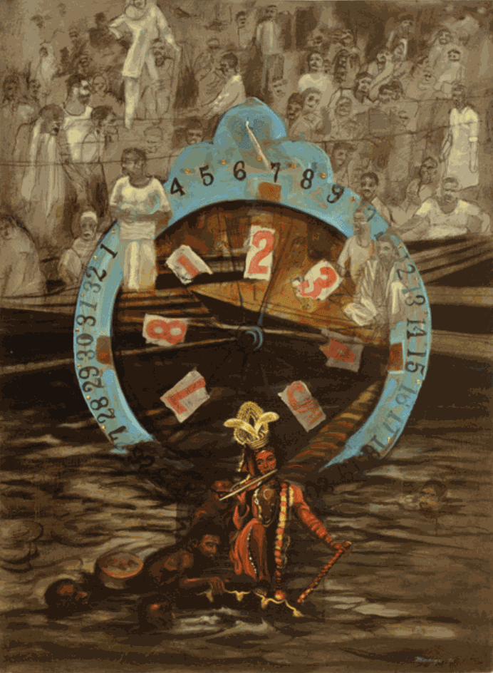 ROBERT MANGO Krishna Passing Through the Wheel of Fortune 46" x 34" inches oil on canvas and mixed media 1993