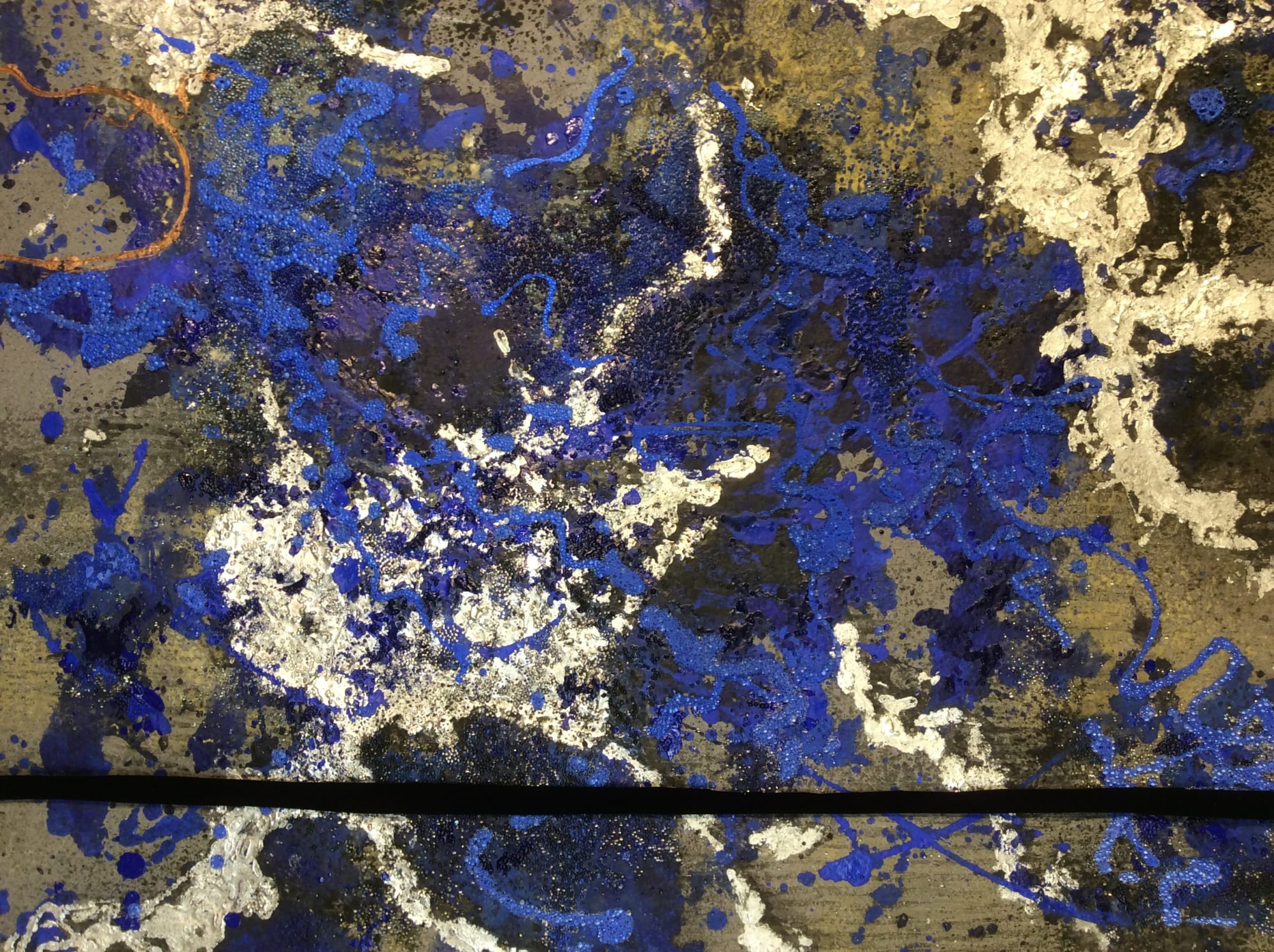 Brandon Graving Today: Here l 2023 39” x 36” mounted on 44” x 40” panel embossed viscosity monoprint on handmade St Armand paper with lithographic ink, graphite, glass and additional media (detail)