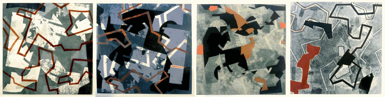 MB Flanders, Mapping Project I - IV, 2022, Wood blocks, plus stencils, with chine-collé, 12" x12" inches