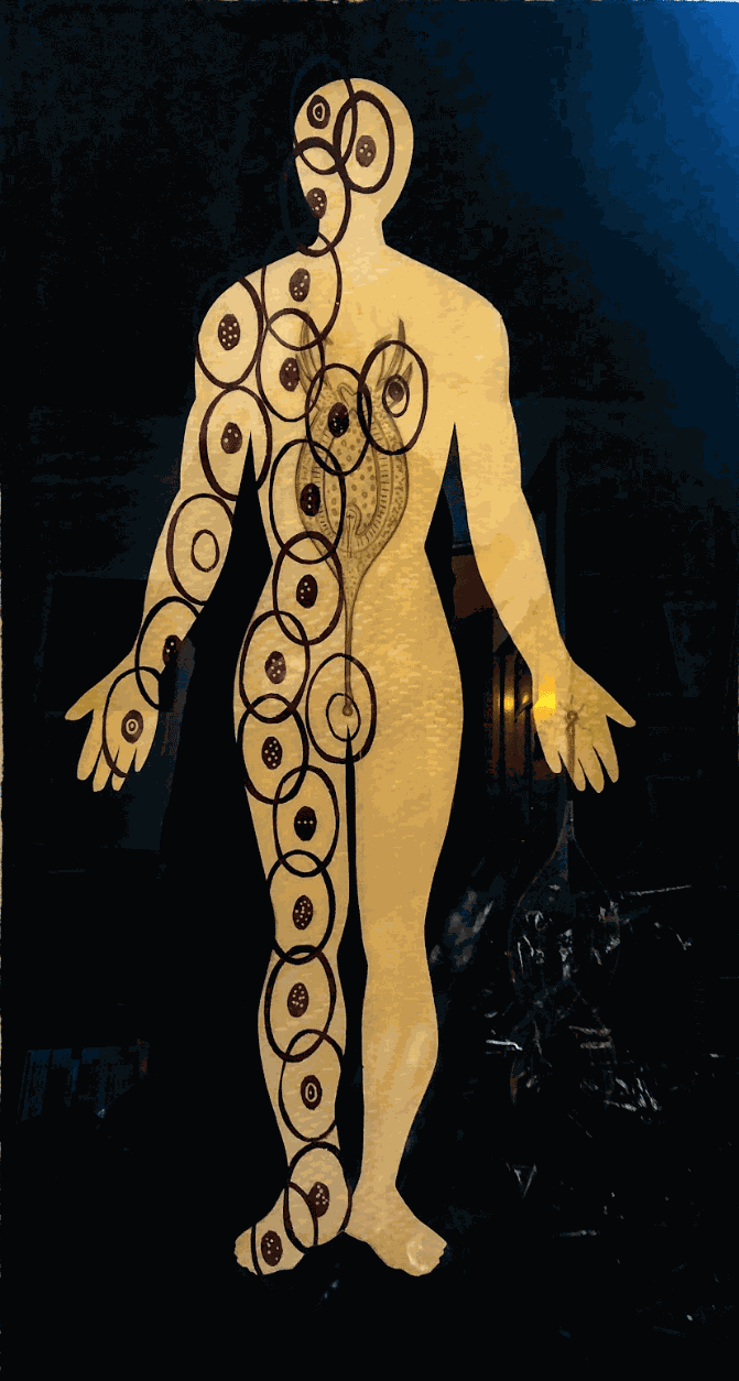 Debra Olin, Cosmic Inclusion, monoprint, drypoint, 39" x 21"