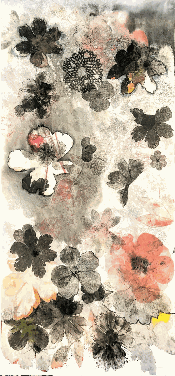 Judy Haberl, Smoldering Gardens, 2 attached monoprints on Lutradur with cutouts, 45" x 20"