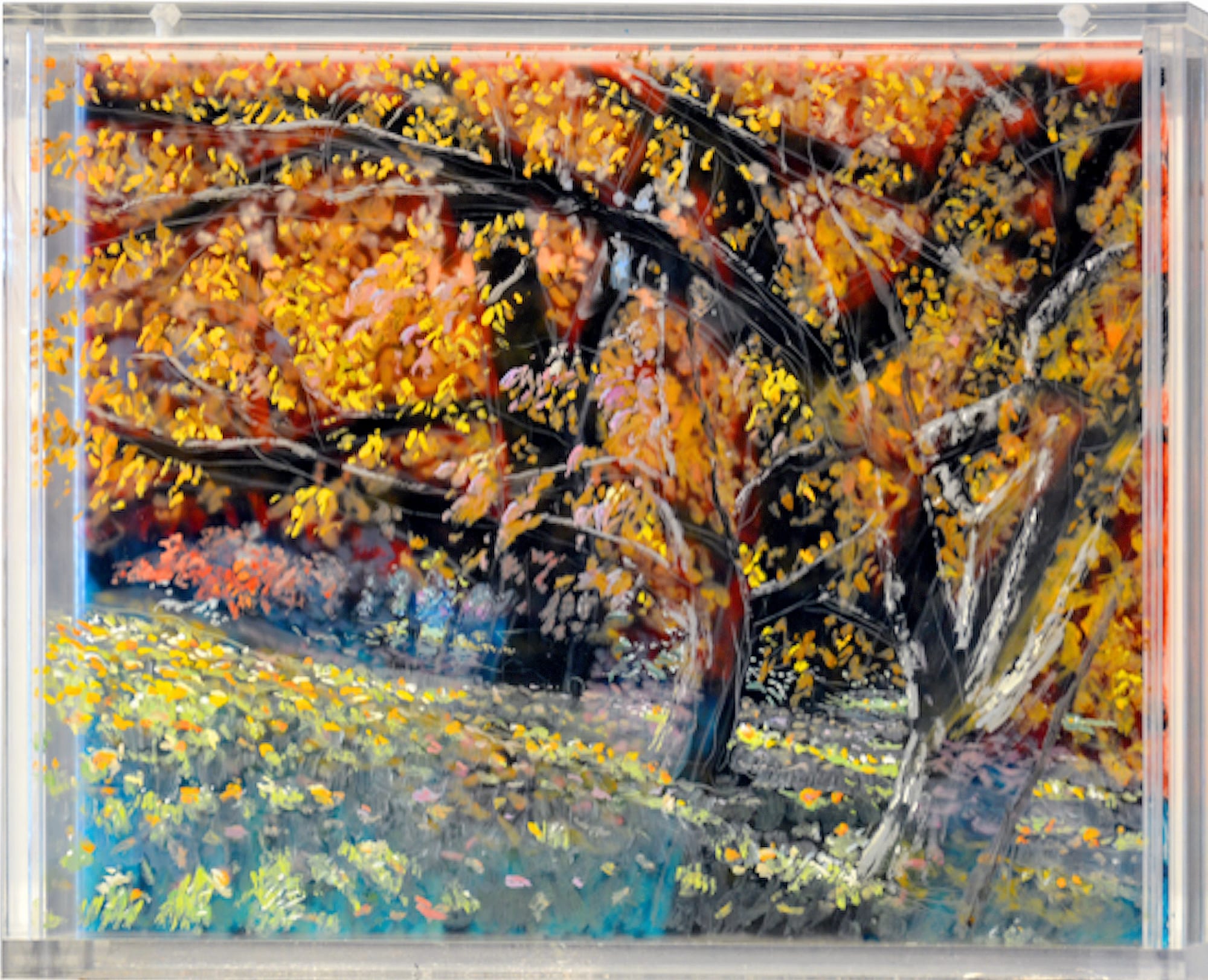 Martin Weinstein, Autumn Trees, Evening Under Morning, acrylics on multiple acrylic sheets, 11.5" x 13.5" x 2.5" inches
