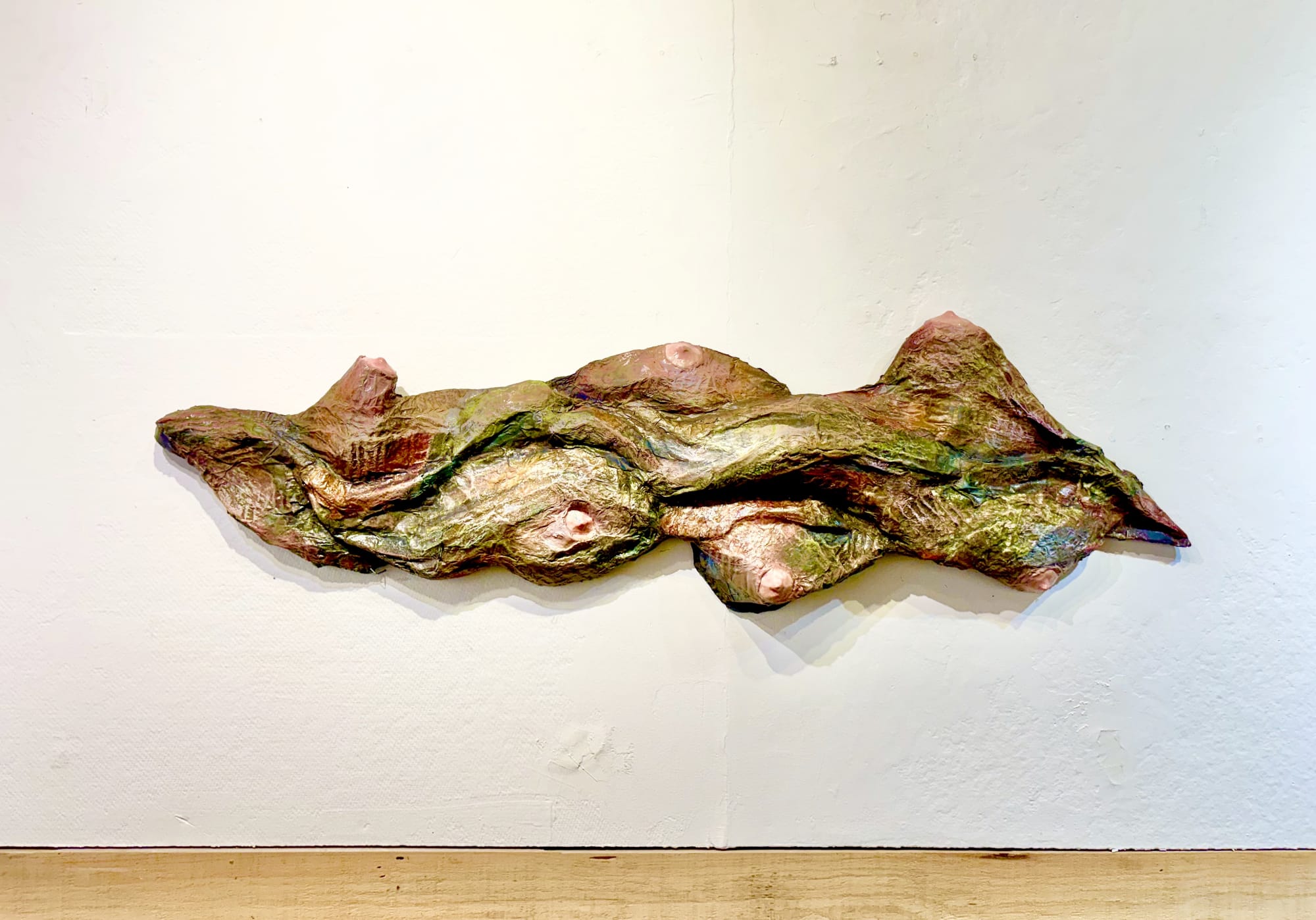 Rah Gerg, Stricken, Cardboard, handmade paper, acrylic, oil pastel, and clay, 2025