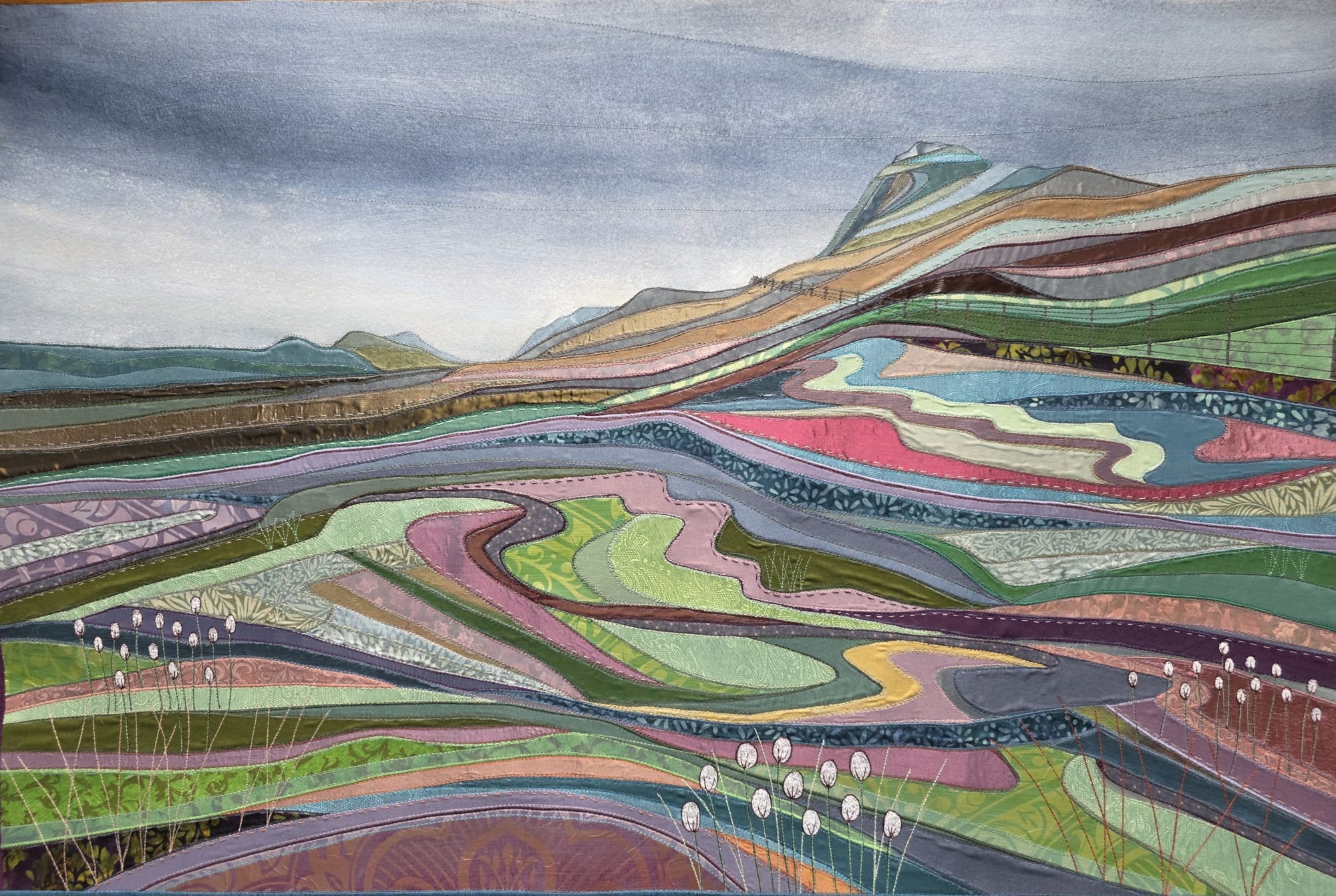 Alt textbuy art artwork highland scottish dingwall alchemist gallery debbie lee textile collage stitched original landscape lines of the landscape Meall Fuar-Mhonaidh