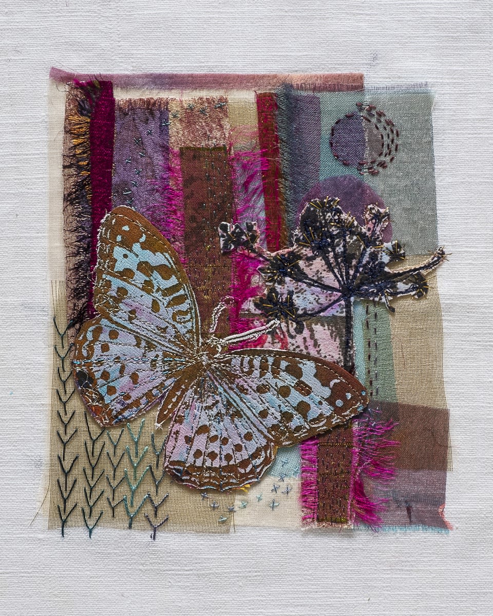 buy textile art artist original Elaine Wilson Glasgow School of Art mixed media framed textile art embroidery stitch Blue Butterfly