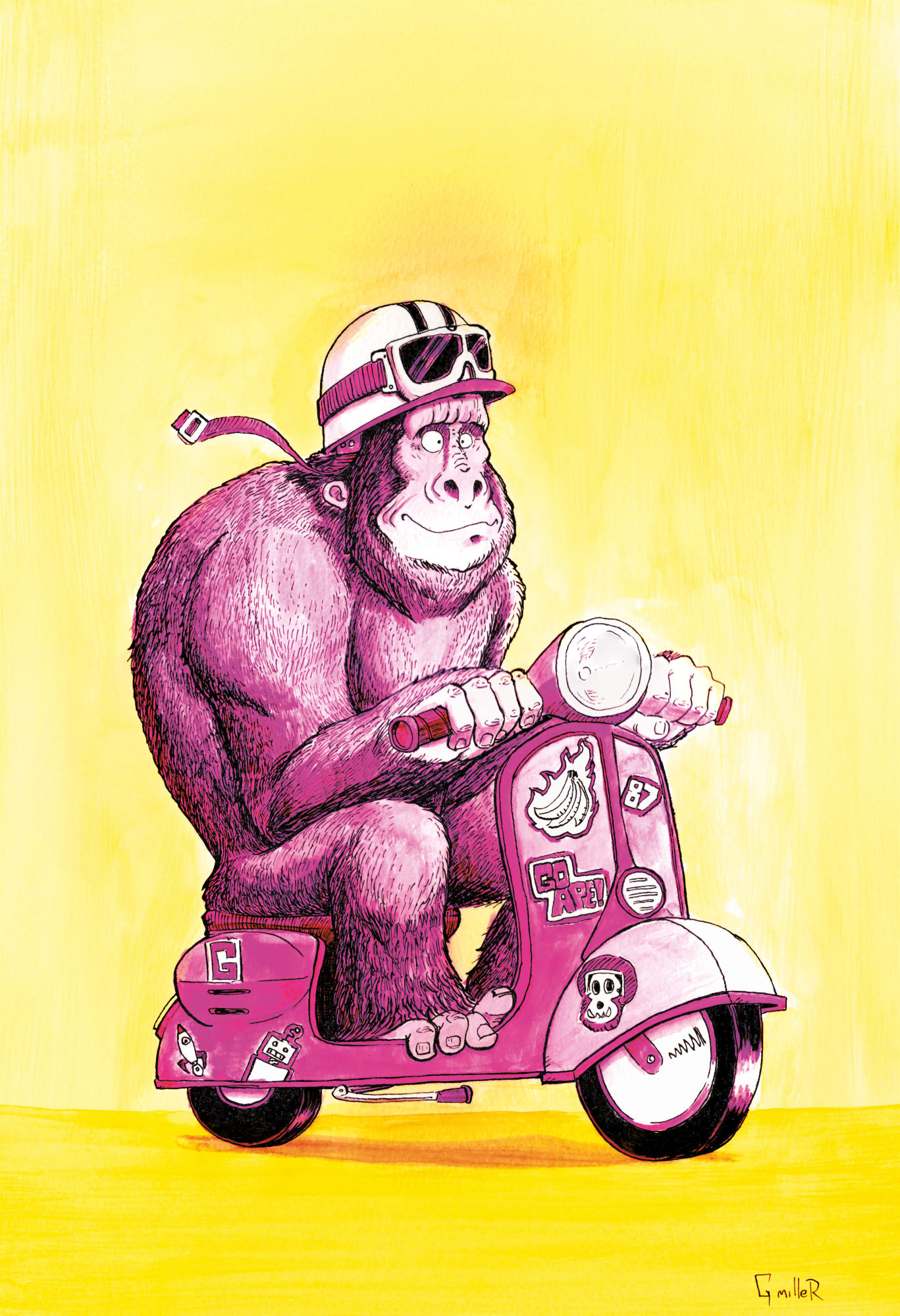 buy art by Artist Gary Miller, Giddy Monster, highlands Scotland Scottish watercolour ink animal stylized humerous alchemist gallery dingwall go! gorilla go! 2024 exhibition