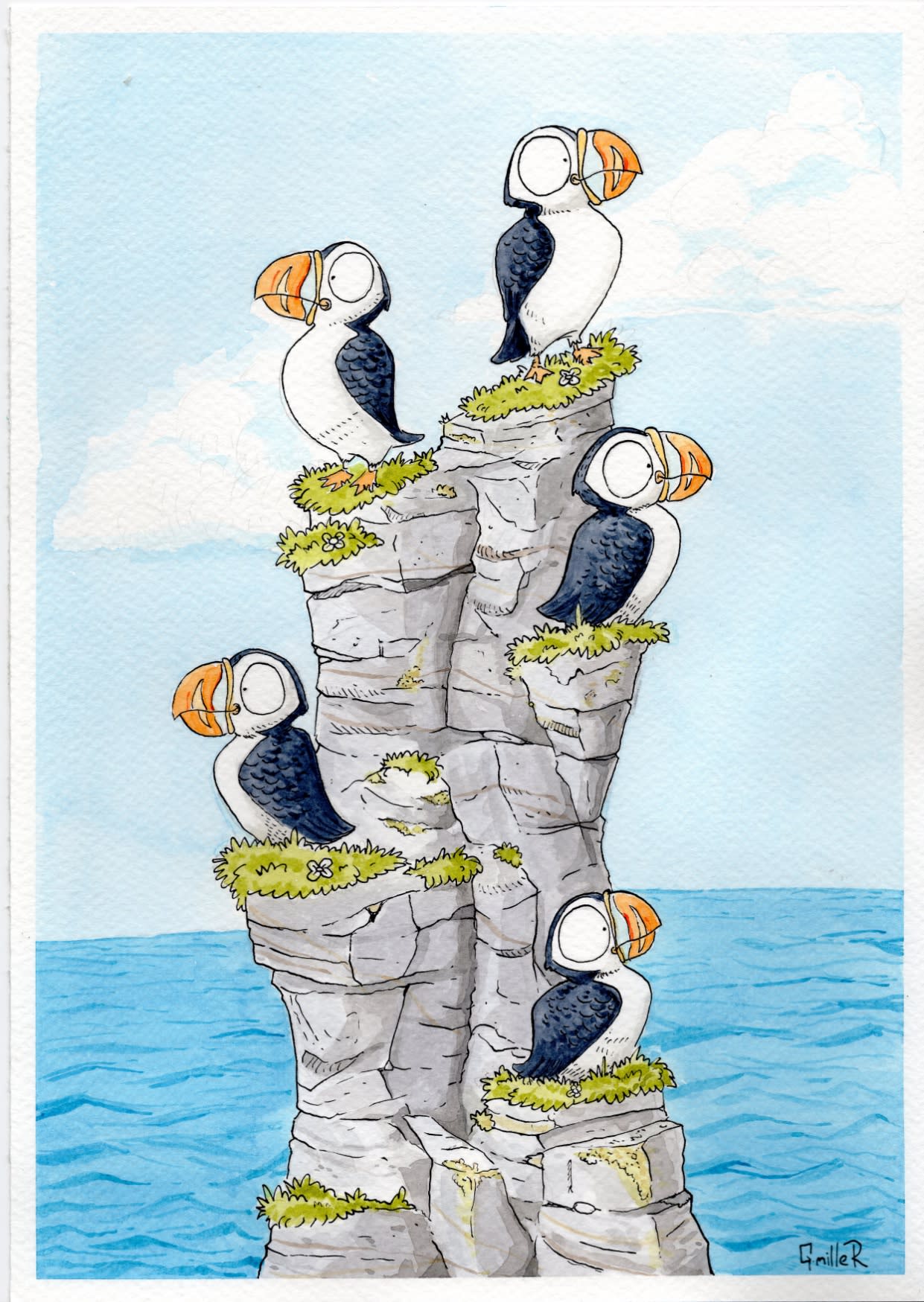 buy art by Artist Gary Miller, Giddy Monster, highlands Scotland Scottish watercolour ink animal stylized humerous alchemist gallery dingwall stacked puffins 2024 exhibition