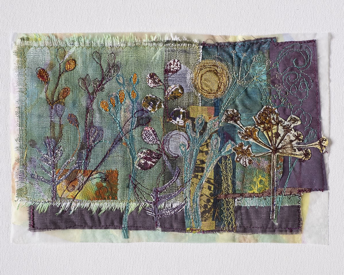 buy textile art artist original Elaine Wilson Glasgow School of Art mixed media framed textile art embroidery stitch Evening Walk Ochils