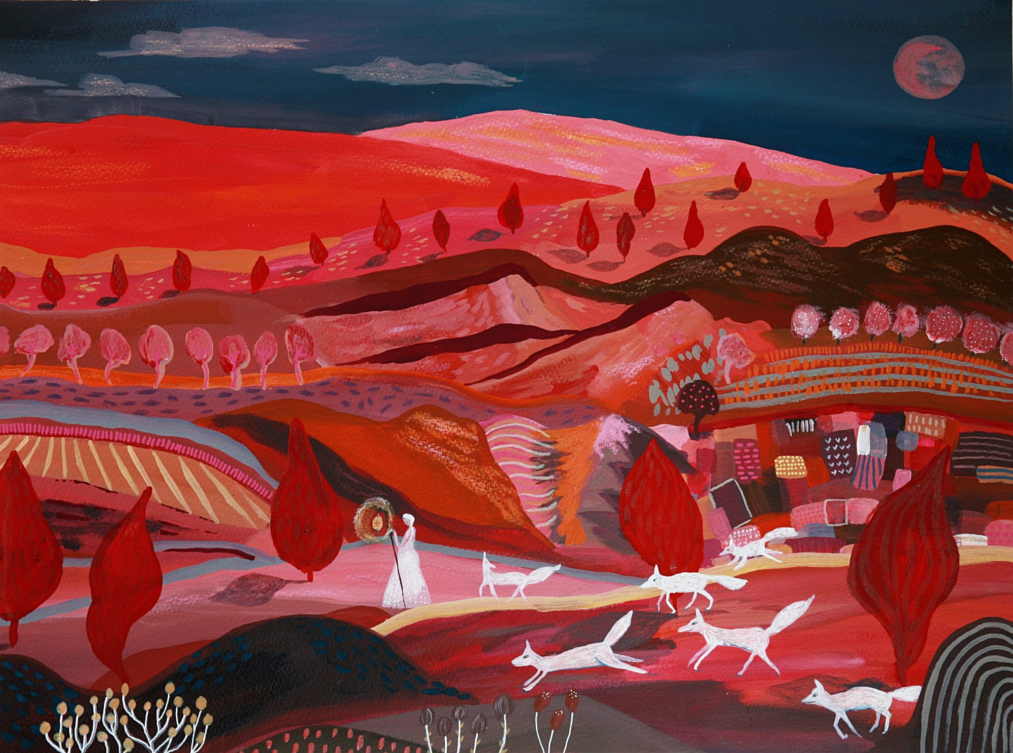 buy art artist Bo Gort Indigo Snow Ullapool Highland Scotland NC500 fairytale folklore myth legend fantasy folk art naive dreamworld liminal exhibition stars roots and feathers acrylic on paper fox herder