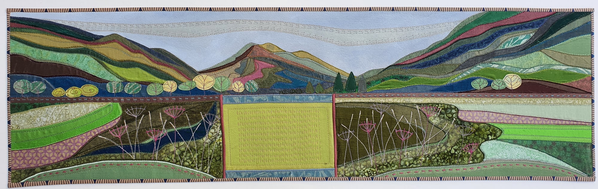 Alt textbuy art artwork highland scottish dingwall alchemist gallery debbie lee textile collage stitched original landscape stuck in the middle with you