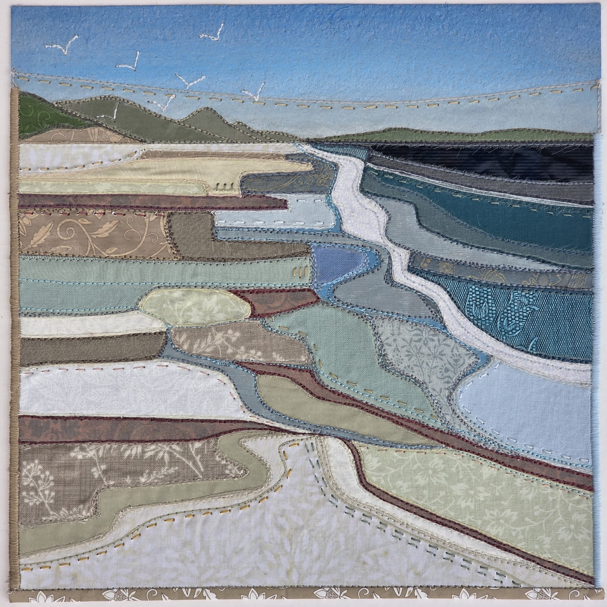 buy art artwork highland scottish dingwall alchemist gallery debbie lee textile collage stitched original landscape northern beach hazy days