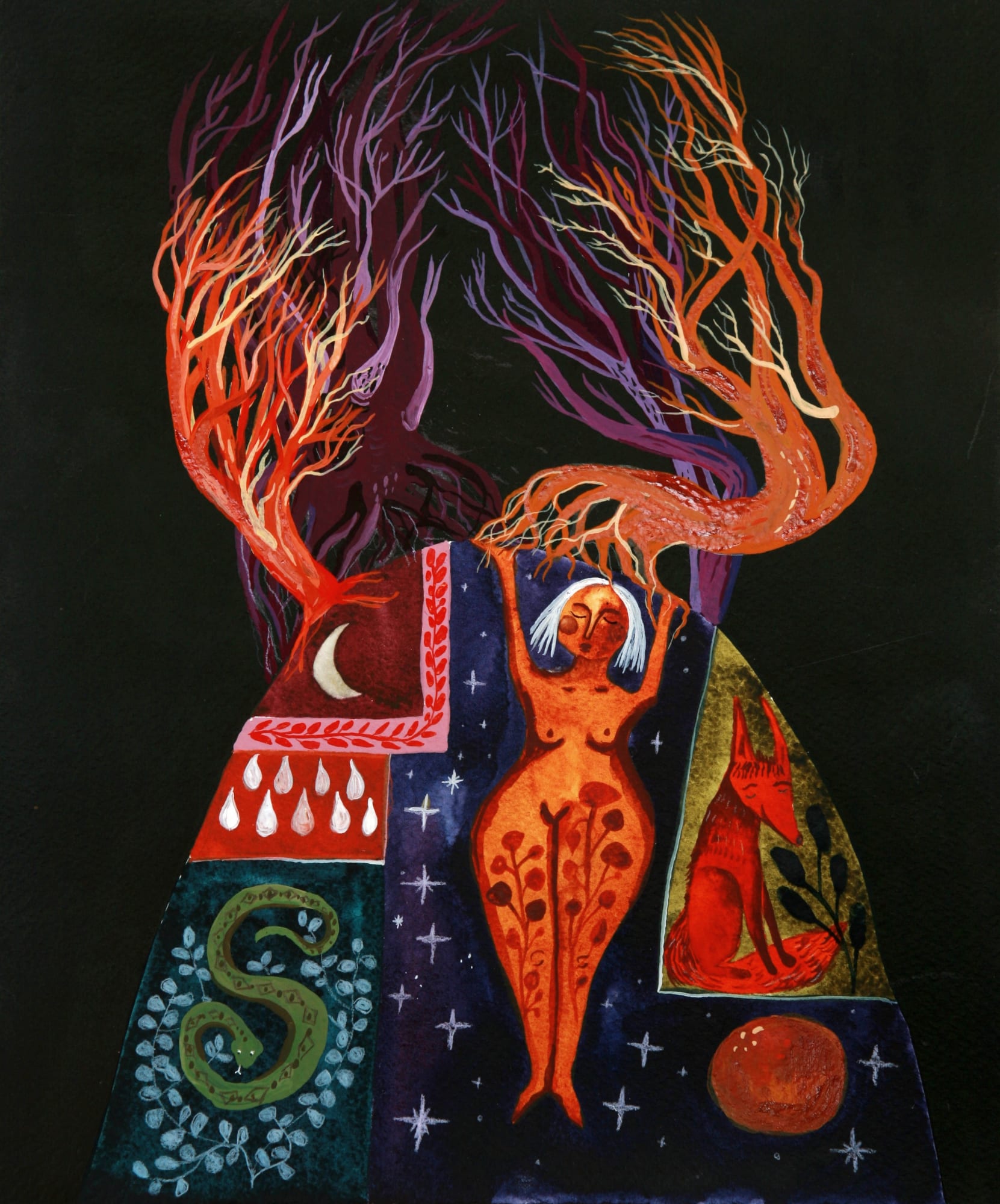 buy art artist Bo Gort Indigo Snow Ullapool Highland Scotland NC500 fairytale folklore myth legend fantasy folk art naive dreamworld liminal exhibition stars roots and feathers watercolour and acrylic on paper all the things we cannot see