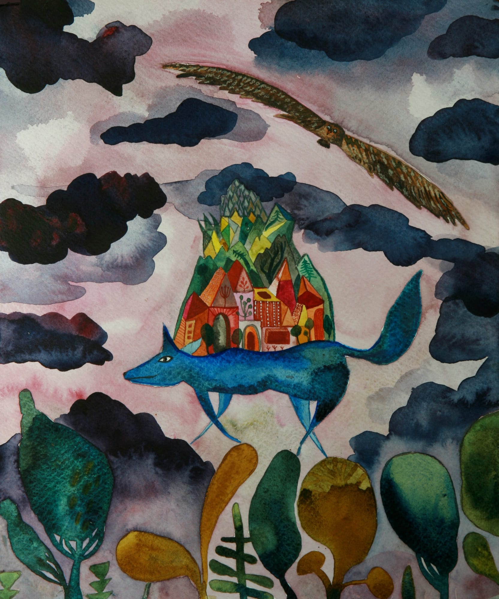 buy art artist Bo Gort Indigo Snow Ullapool Highland Scotland NC500 fairytale folklore myth legend fantasy folk art naive dreamworld liminal exhibition stars roots and feathers watercolour on paper blue wolf carrying a town