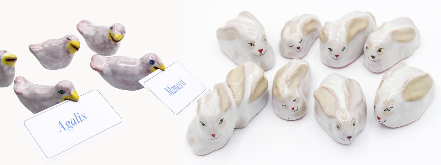 New by Agalis Manessi : Maolica bunnies and Birdie Place Card Holders