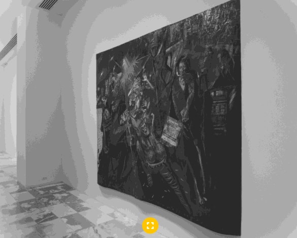 Installation photograph of "Woman Walks into a Bar - Is raped by Four Men on the Pool Table" in the exhibition "On the Edge: Contemporary Art from the Werner and Elaine Dannheisser Collection," MoMA, NY, Sep 30, 1997–Jan 20, 1998