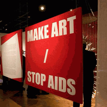 Installation photograph of the entrance to the exhibition "Make Art/Stop AIDS," which debuted at the Fowler Museum at UCLA on Feb, 23, 2008