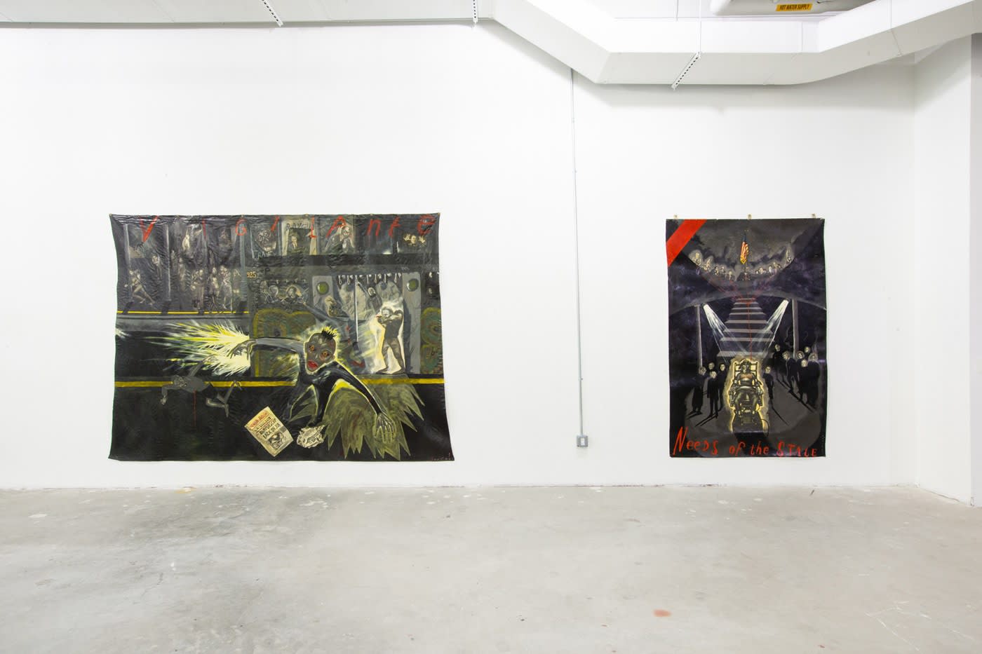 Exhibition installation of Sue Coe paintings "Vigilante" and "Needs of the State," 2020