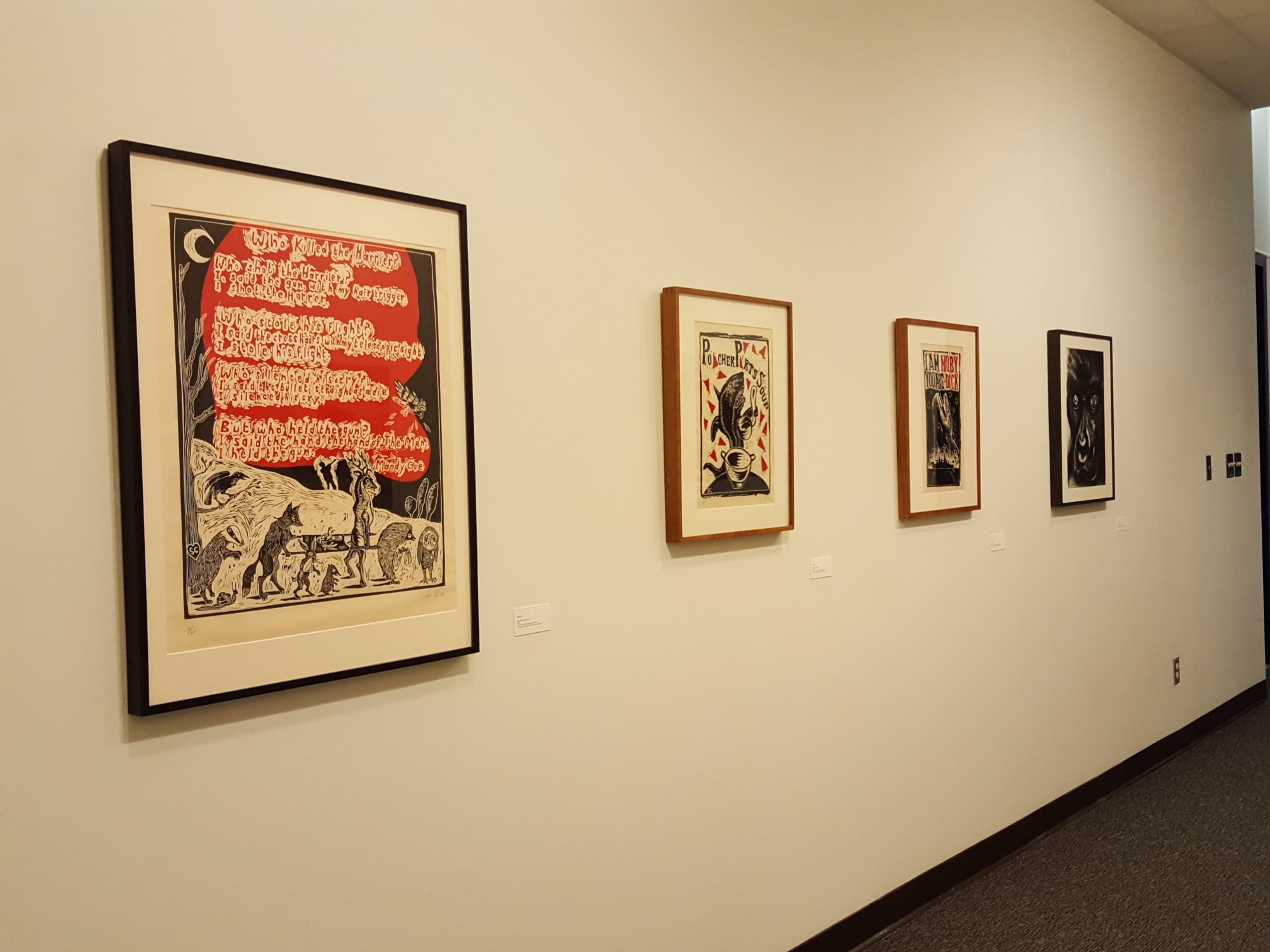 Installation of Coe's "Who Killed the Harrier" in the exhibition "Endangered," at the Anya and Andrew Shiva Gallery, John Jay College of Criminal Justice, New York, 2017