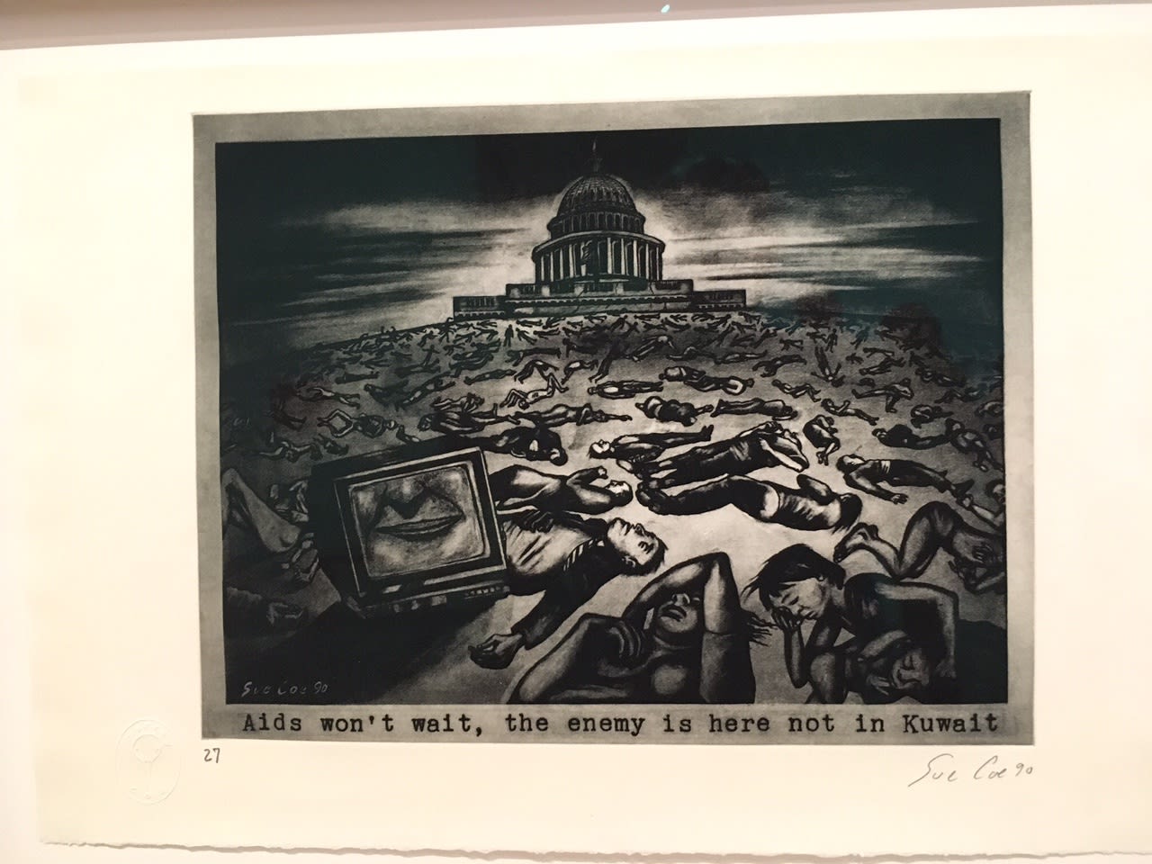 Installation photograph of Sue Coe's photo-etching "AIDS and the Federal Government," at I, You, We at the Whitney, New York