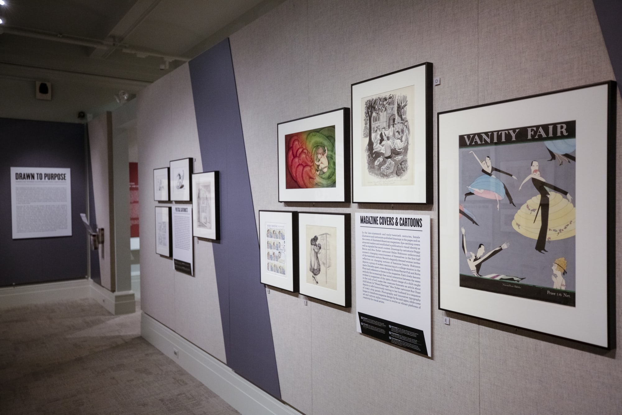 Pictures by various artists and of various sizes on the walls of the exhibition space at the Library of Congress
