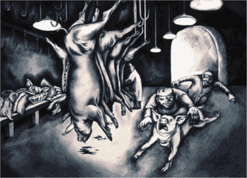 Drawing by Sue Coe showing a pig trying to run out of the slaughterhouse, There is No Escape, 1988. Graphite and gouache. 23 x 29 in (58.4 x 73.6 cm)