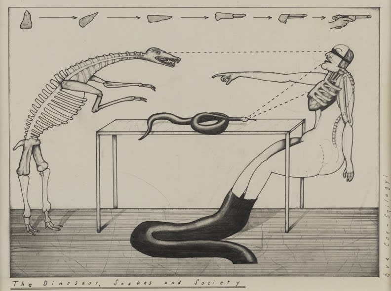 Early illustration by Sue Coe for the New York Times titled The Dinosaurs, Snakes and Society, 1976. Graphite and ink on white board. 8 1/2" x 10 7/8" (21.5 x 27.6 cm).