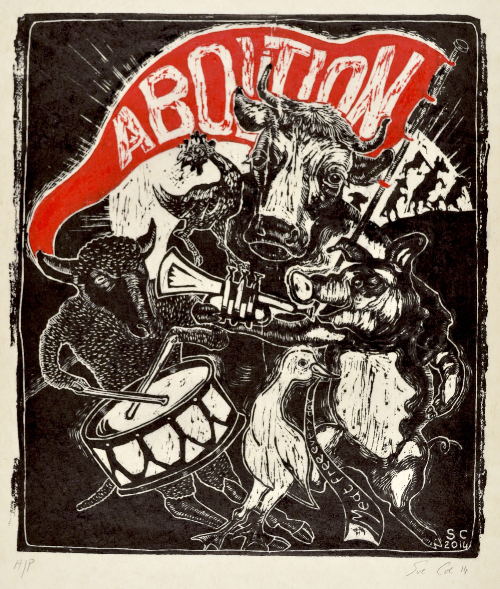 Black and white linocut of farm animals marching, holding aloft a red flag with white lettering that reads "Abolition"