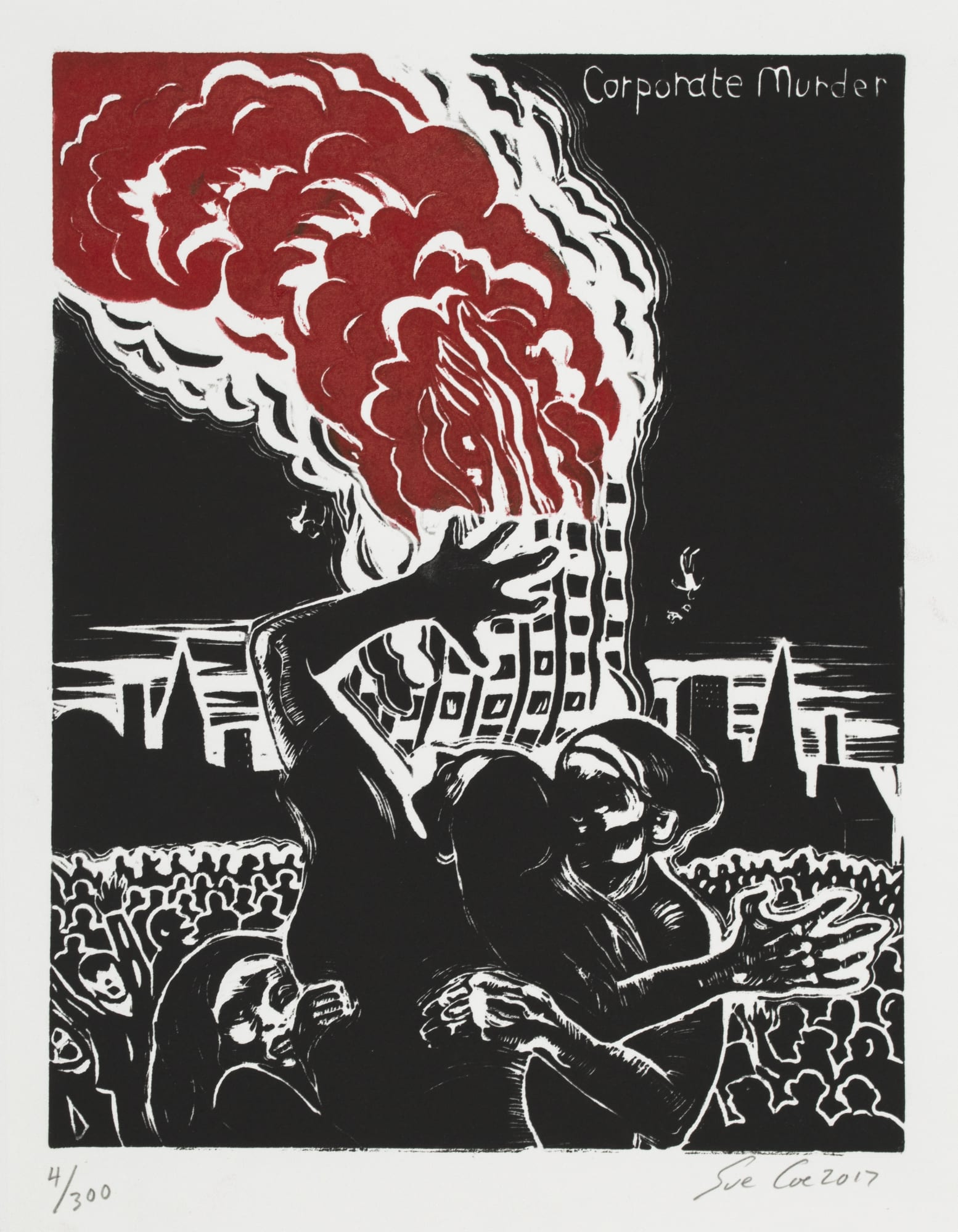 A black and white linocut featuring a tall apartment building on fire, with red smoke billowing from the top of the building. A crowd cries out in sorrow 