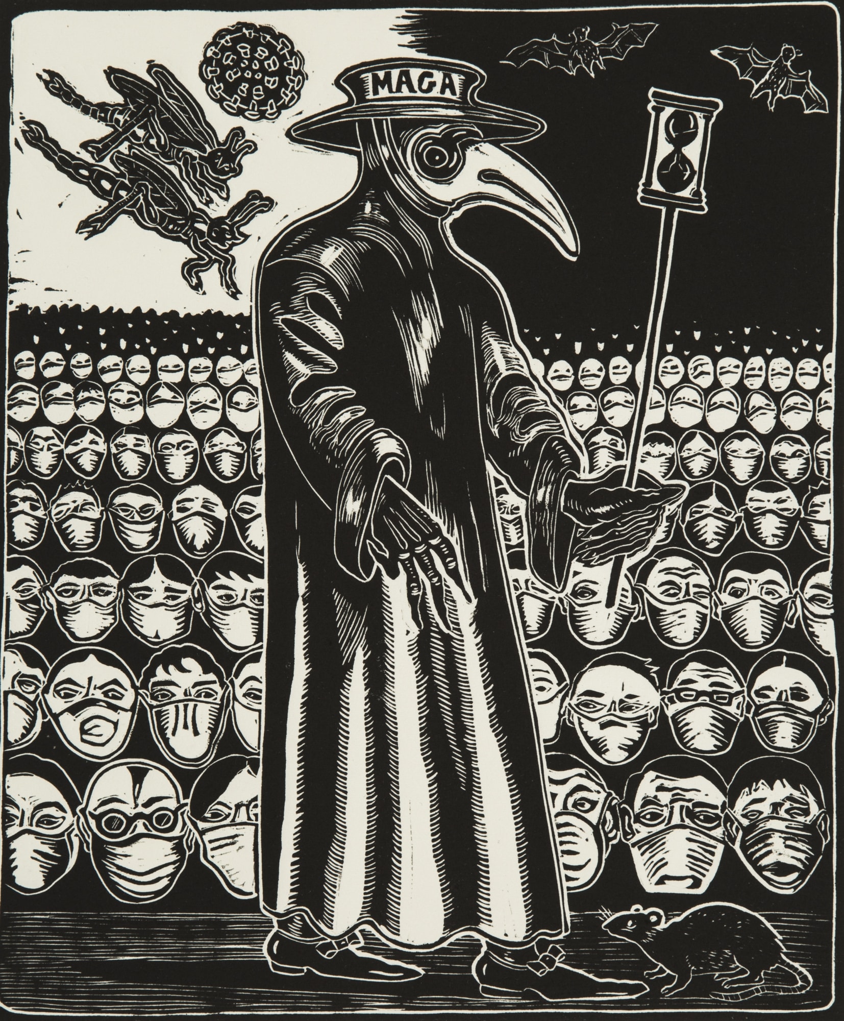 Linocut by Sue Coe featuring a plague doctor wearing a MAGA hat standing in front of a crowd of masked people